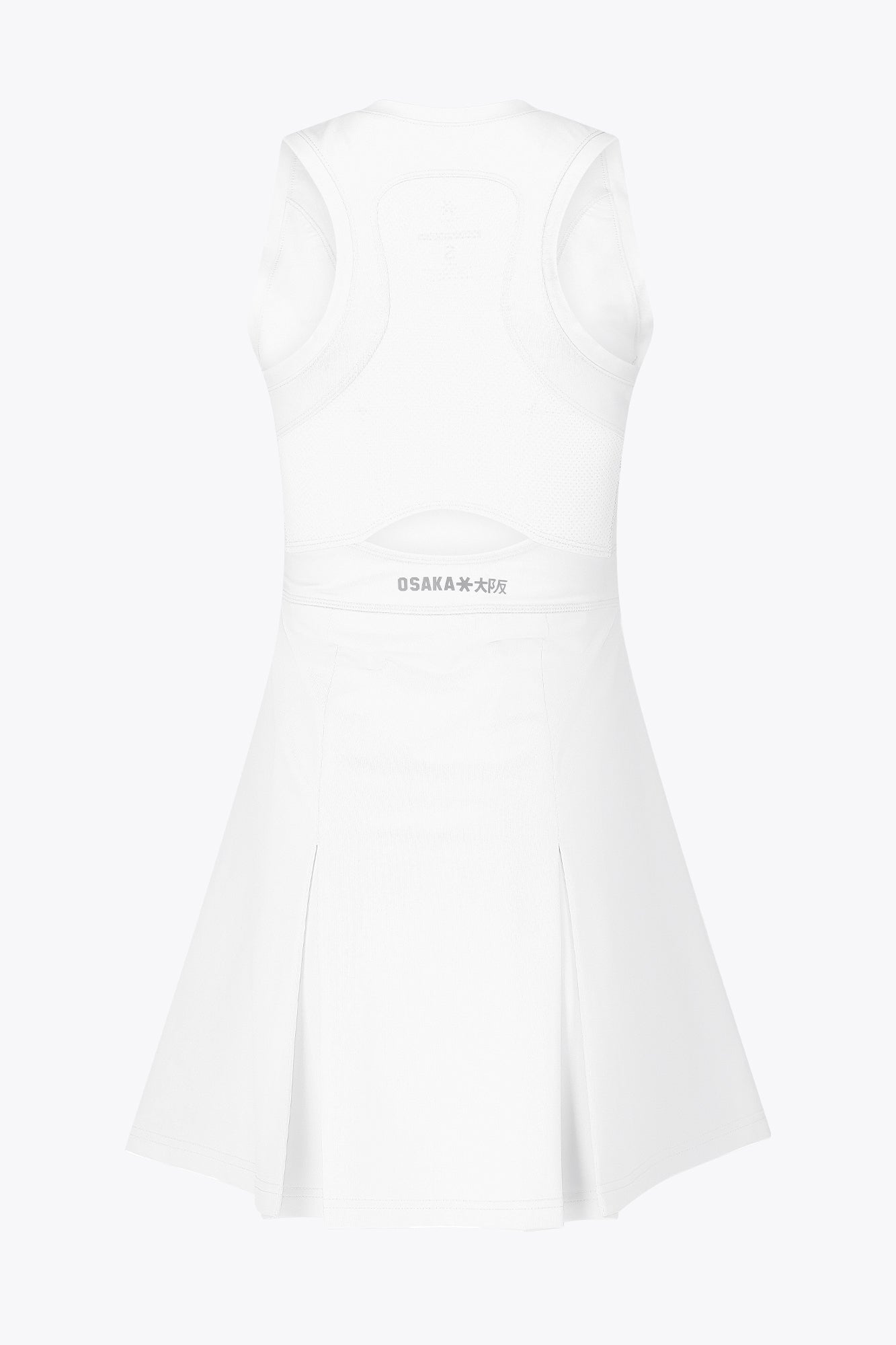 Osaka women floucy dress white with logo in grey. Back flatlay view