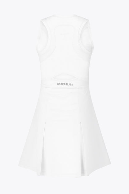 Osaka women floucy dress white with logo in grey. Back flatlay view