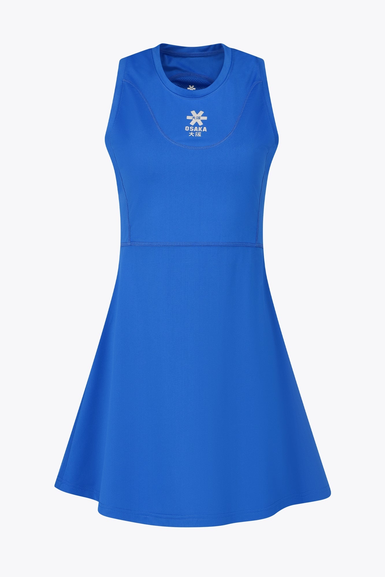 Osaka women floucy dress princess blue with logo in grey. Front flatlay view