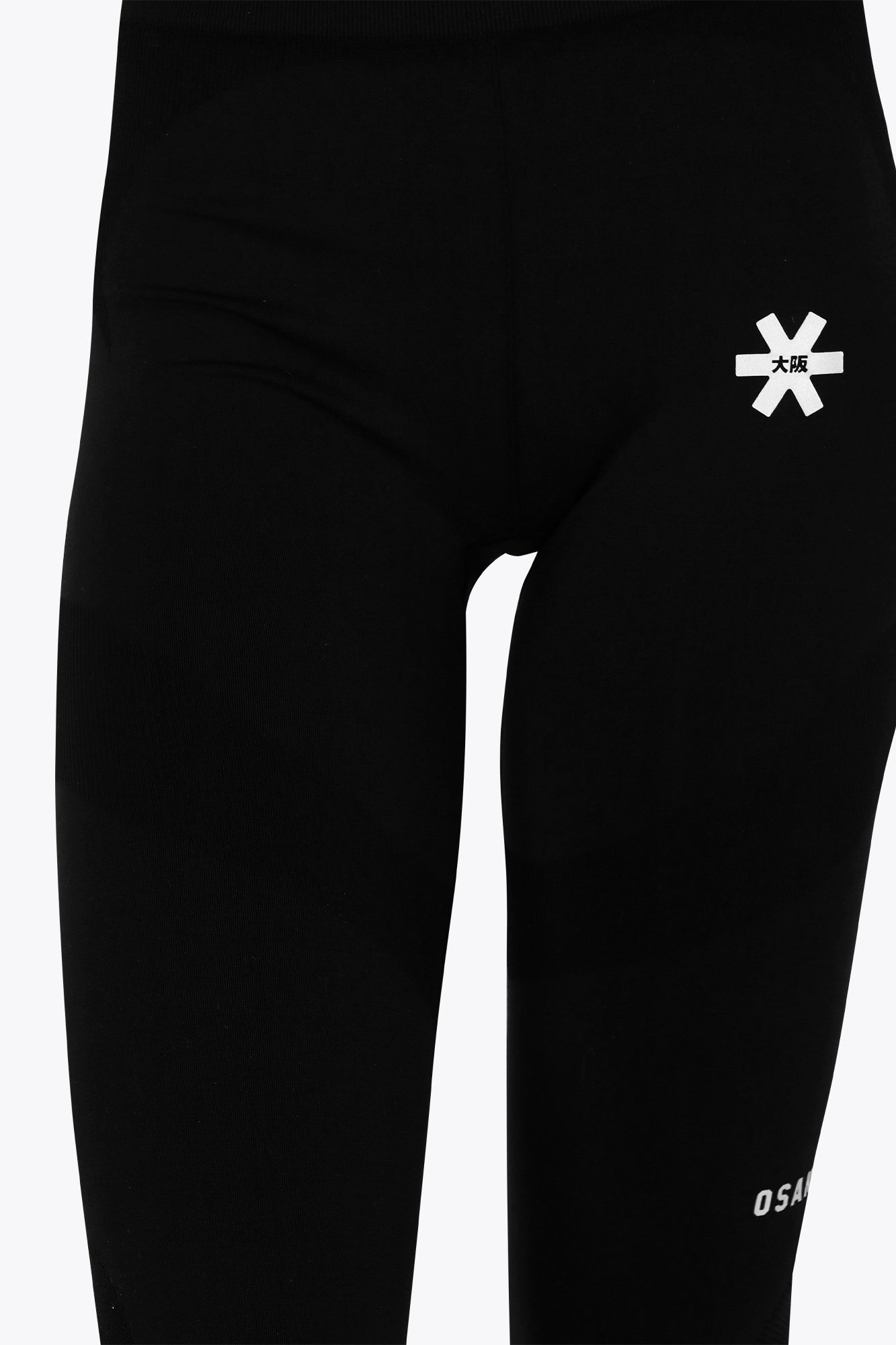 Osaka women shimuresu leggin in black with logo in grey. Front detail logo view