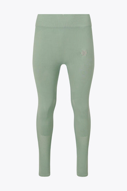 Osaka women shimuresu leggin in jadeite with logo in grey. Front flatlay view