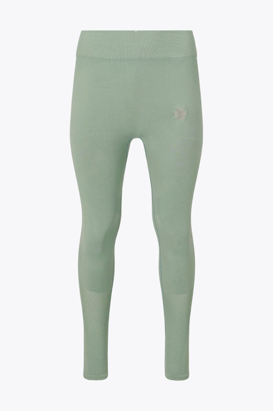 Osaka women shimuresu leggin in jadeite with logo in grey. Front flatlay view