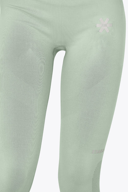 Osaka women shimuresu leggin in jadeite with logo in grey. Front detail view