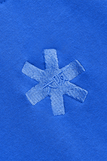 Osaka women cropped hoodie inprincess blue with college logo in white. Back detail logo view