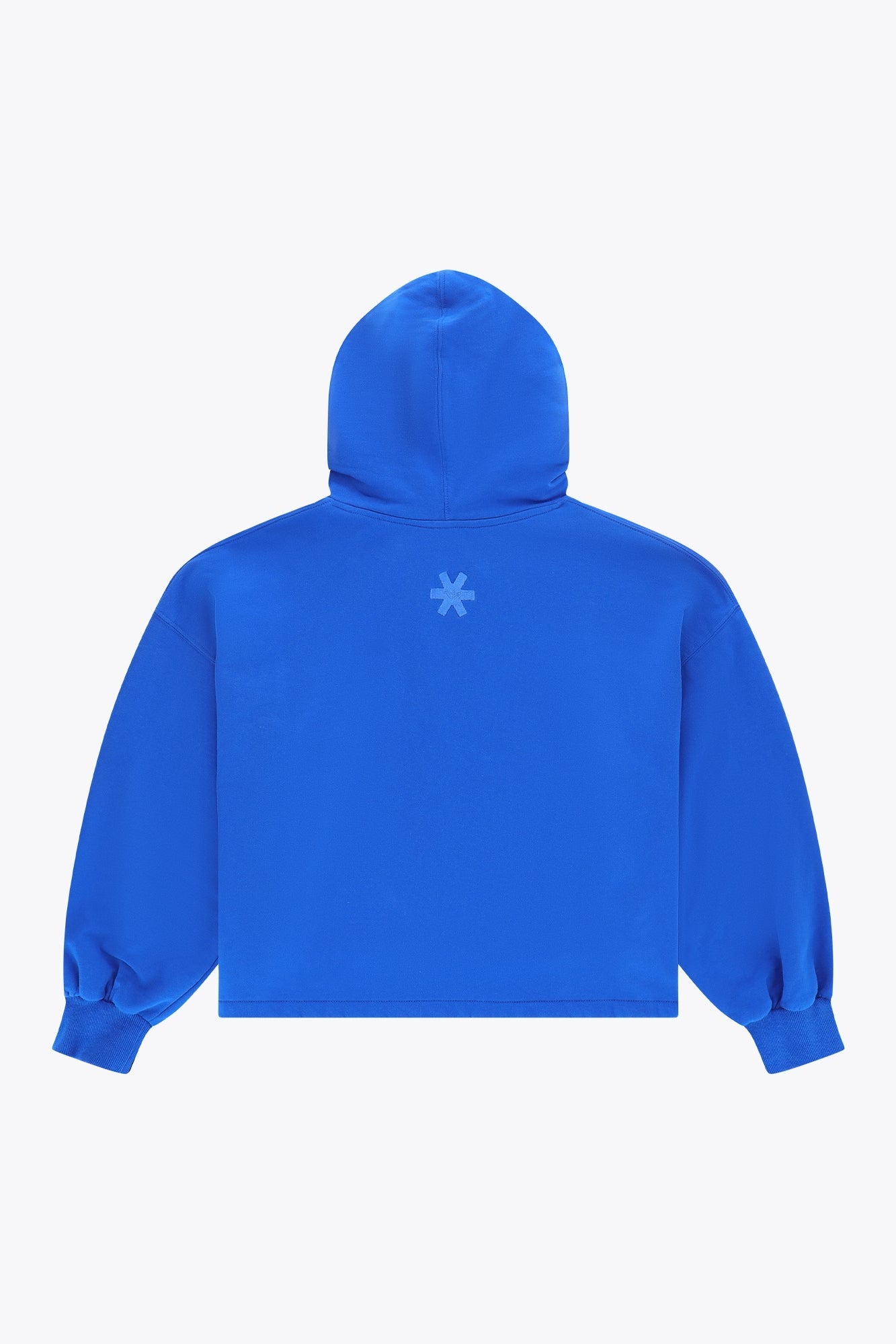 Osaka women cropped hoodie inprincess blue with college logo in white. Back flatlay view