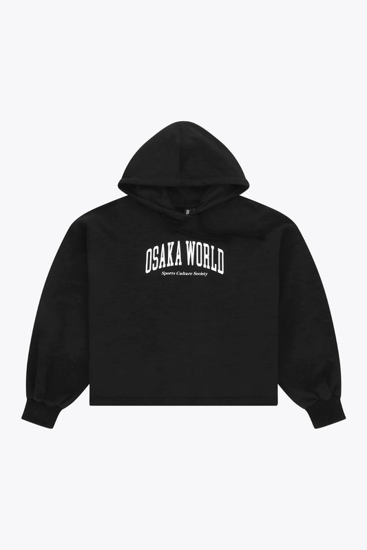 Osaka women cropped hoodie in black with college logo in white. Front flatlay view