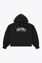 Osaka women cropped hoodie in black with college logo in white. Front flatlay view