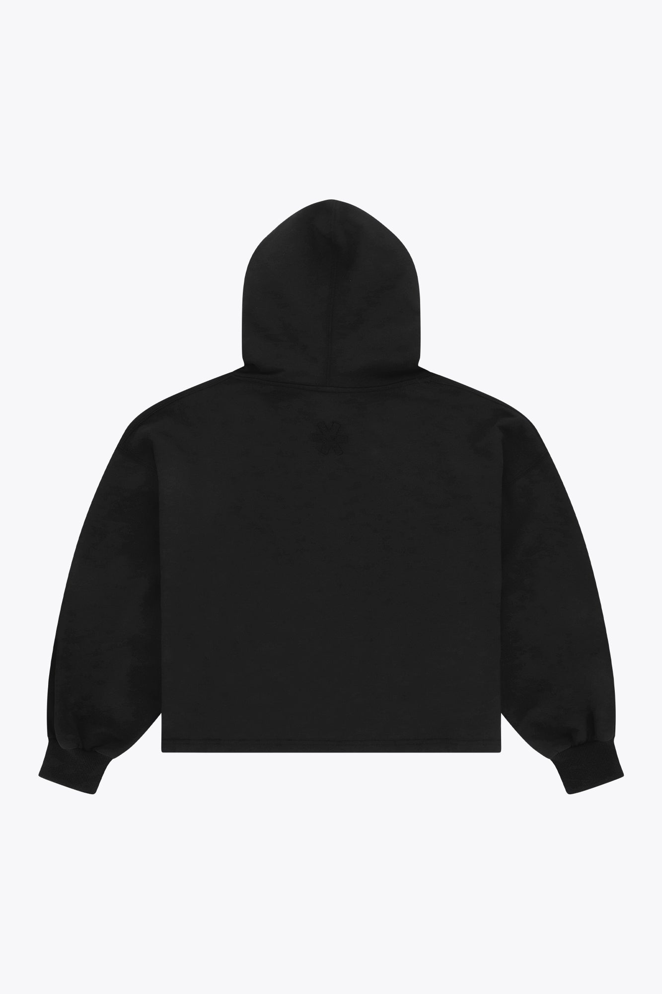 Osaka women cropped hoodie in black with college logo in white. Back flatlay view
