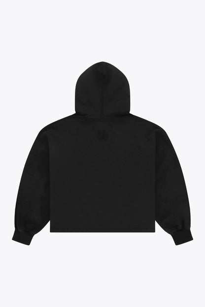 Osaka women cropped hoodie in black with college logo in white. Back flatlay view