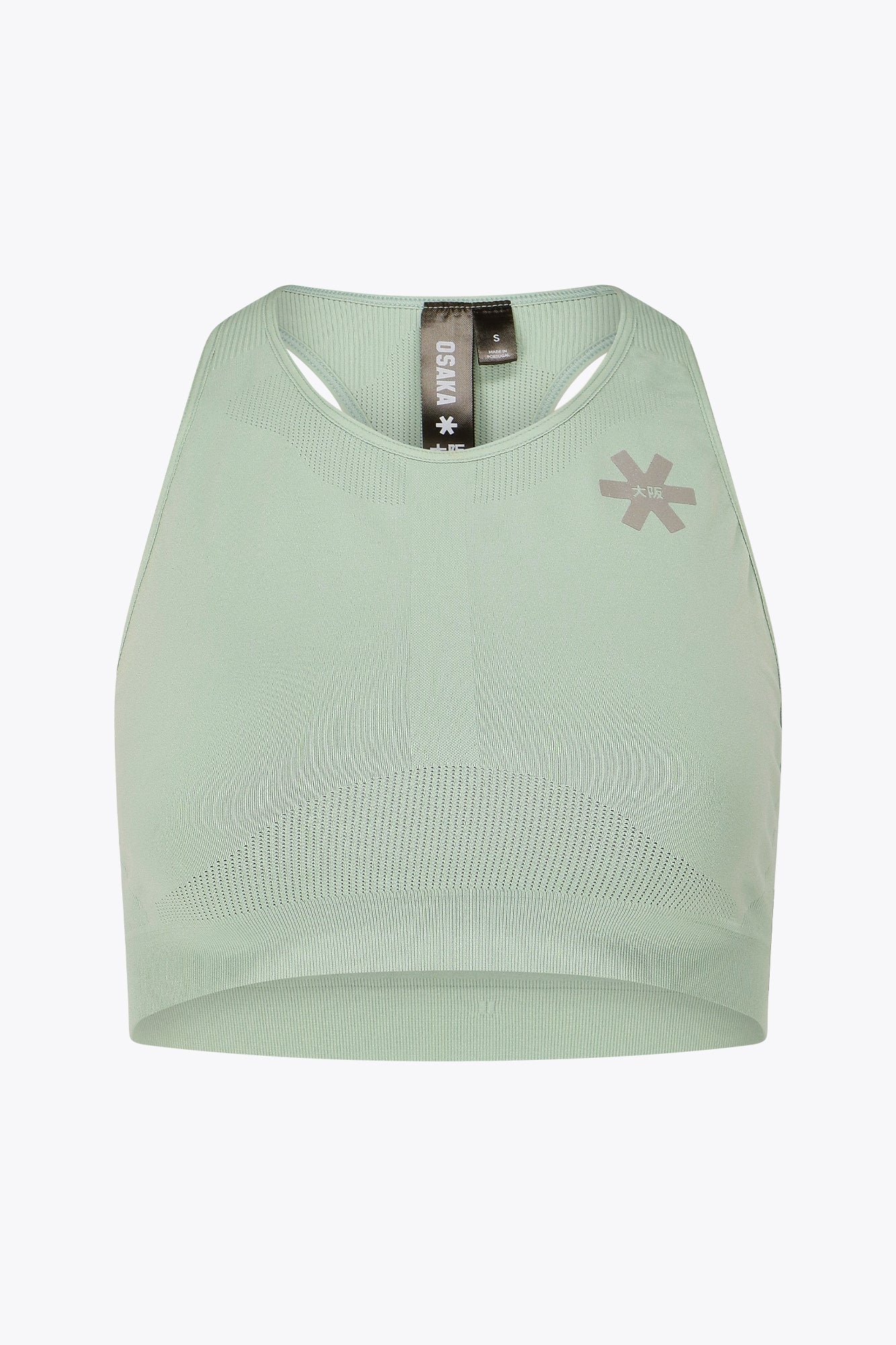 Osaka women tech sports bra in jadeite with logo in grey. Front flatlay view