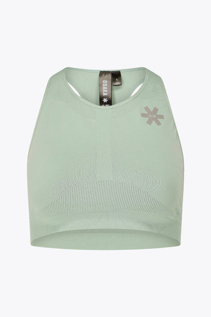 Osaka women tech sports bra in jadeite with logo in grey. Front flatlay view