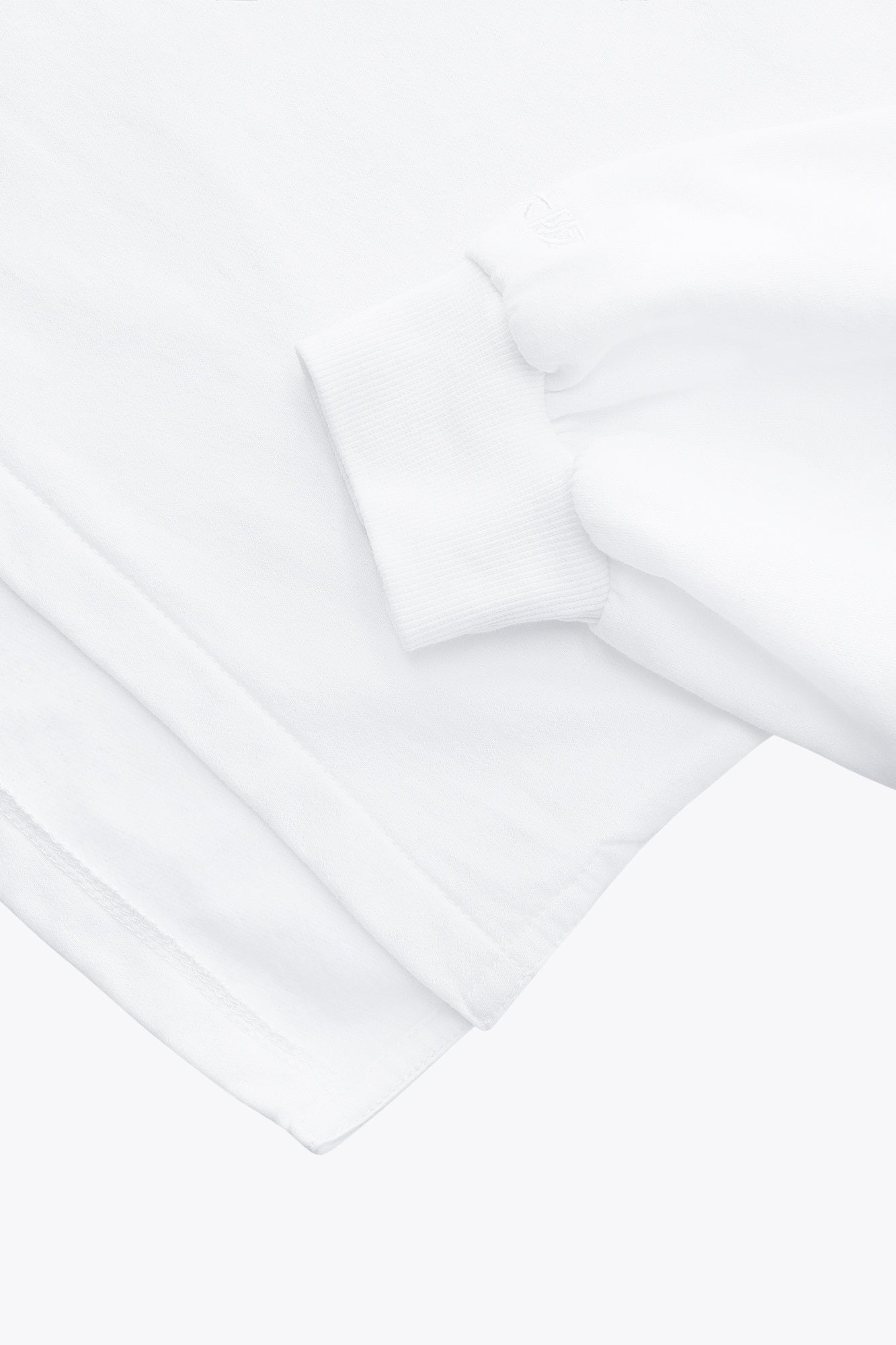 Osaka women cropped hoodie in white with logo in white. Front flatlay detail sleeve view