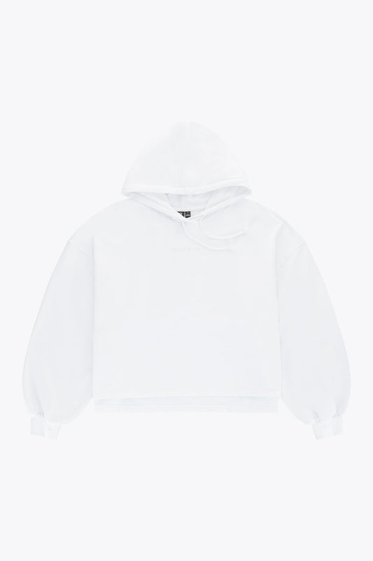 Osaka women cropped hoodie in white with logo in white. Front flatlay view