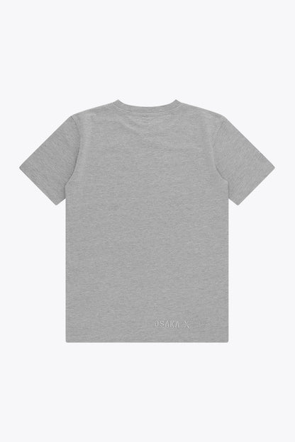 Osaka unisex basic tee in heather grey. Back flatlay view