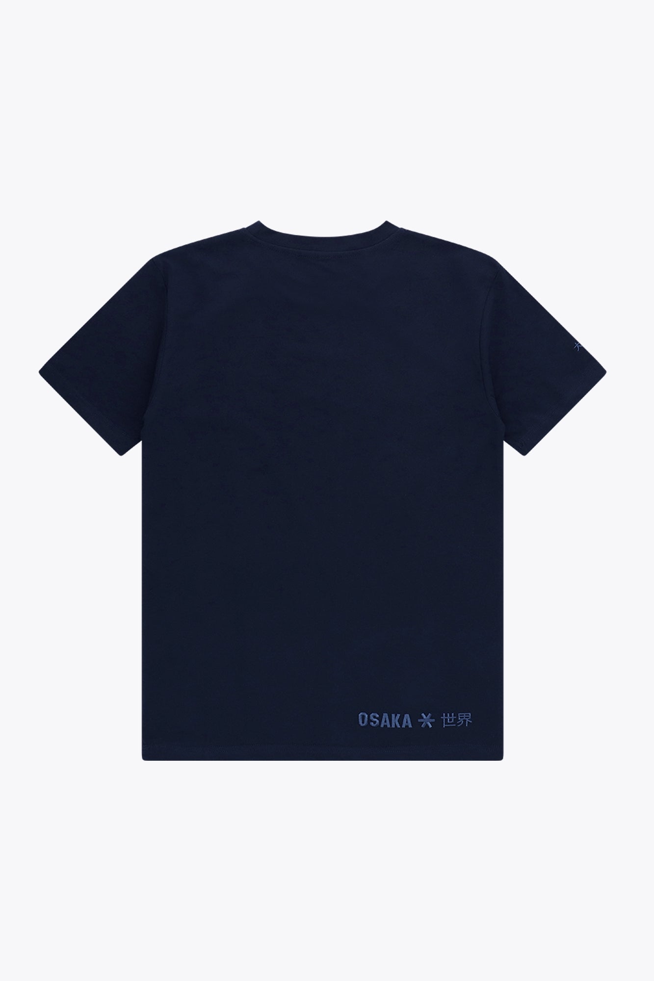 Osaka unisex basic tee in navy. Back flatlay view