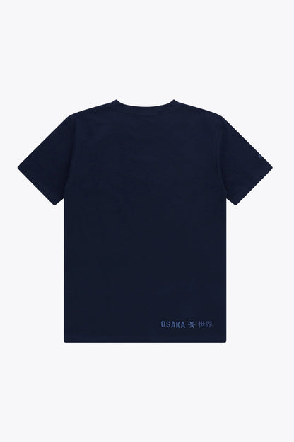 Osaka unisex basic tee in navy. Back flatlay view