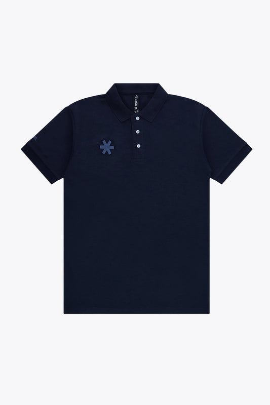 Osaka unisex basic polo in navy with navy logo. Front flatlay view