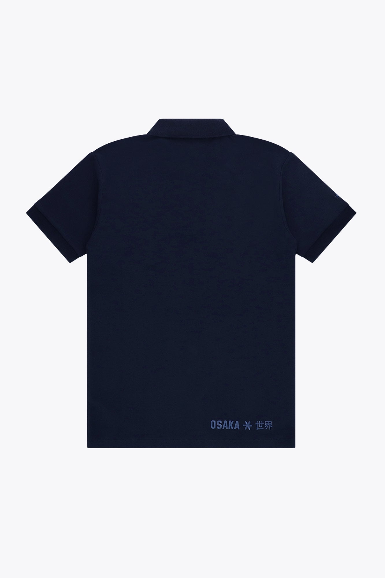 Osaka unisex basic polo in navy with navy logo. Back flatlay view