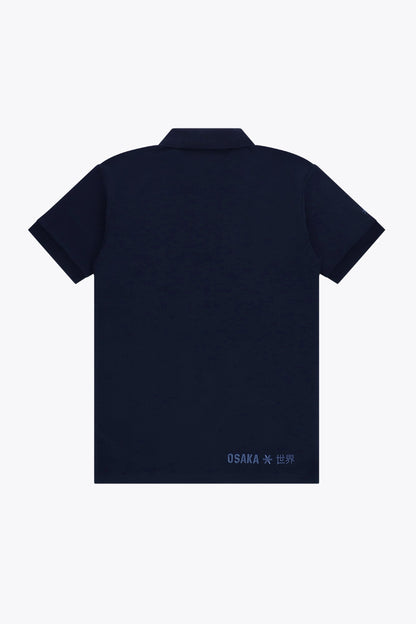 Osaka unisex basic polo in navy with navy logo. Back flatlay view