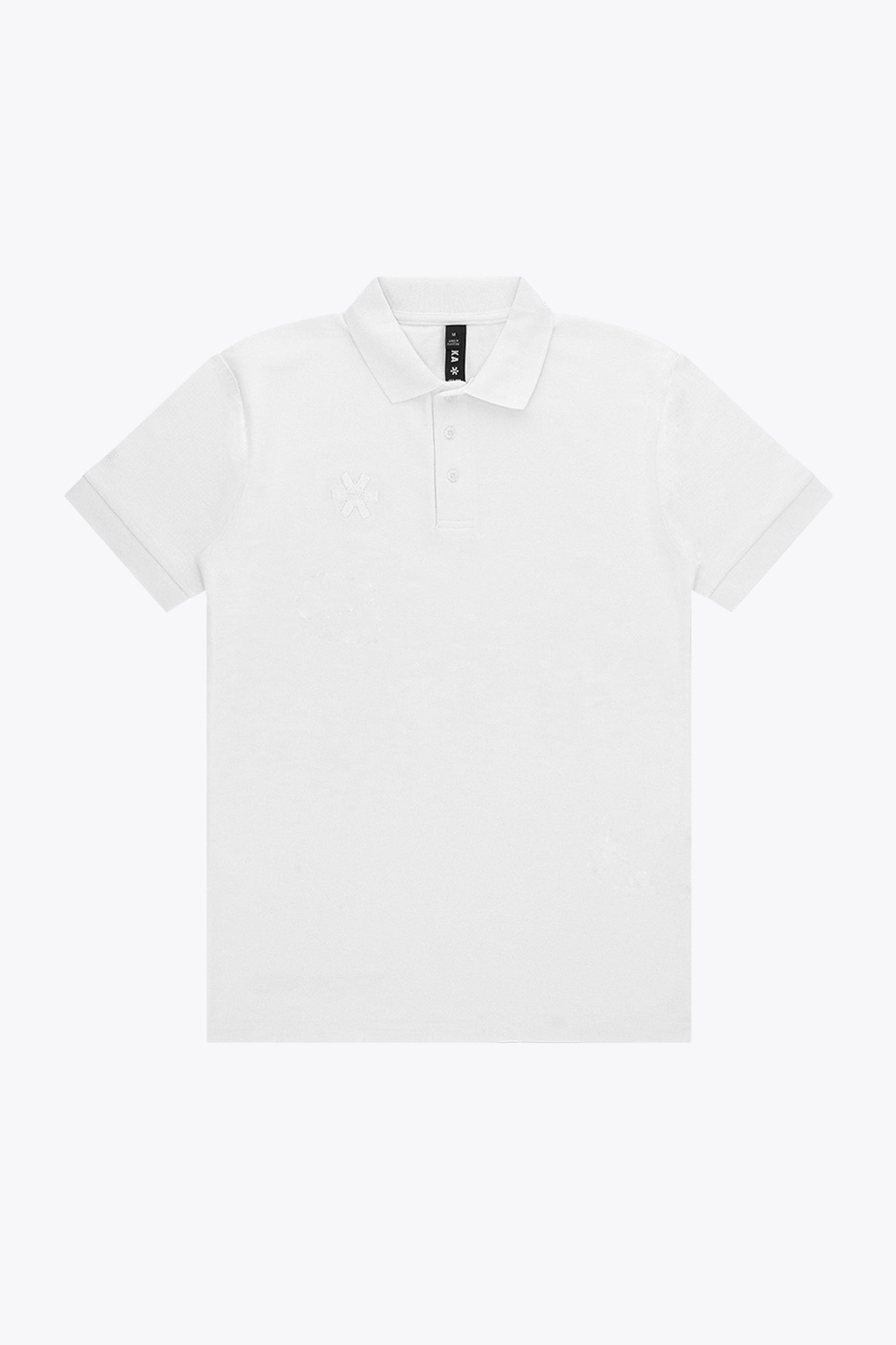 Osaka unisex basic polo in white with white logo. Front flatlay view