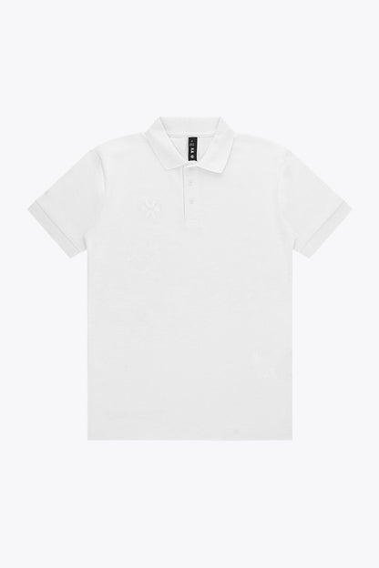 Osaka unisex basic polo in white with white logo. Front flatlay view