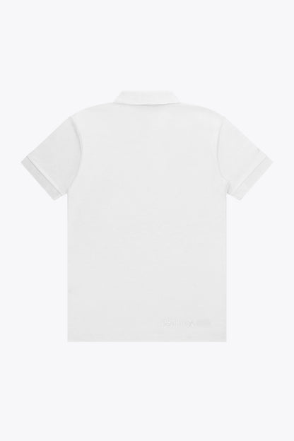 Osaka unisex basic polo in white with white logo. Back flatlay view