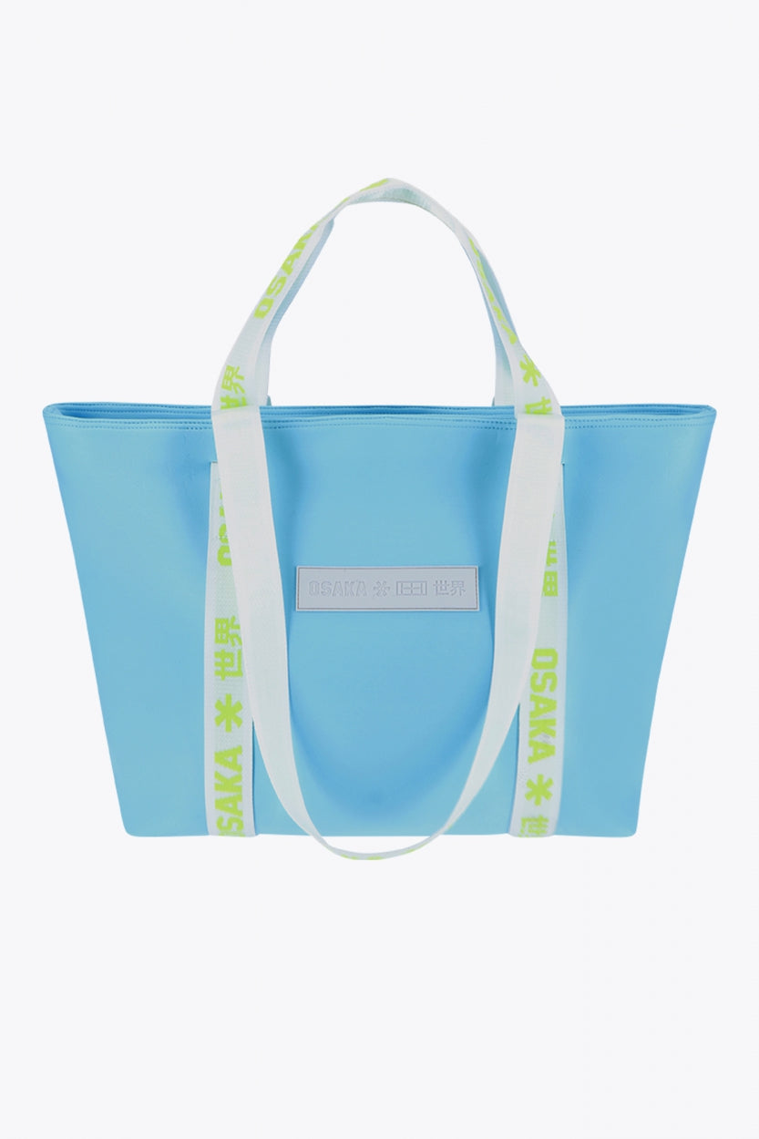 Osaka neoprene Tote bag in light blue with logo in white. Front view