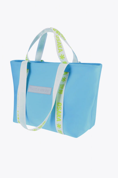Osaka neoprene Tote bag in light blue with logo in white. Front view