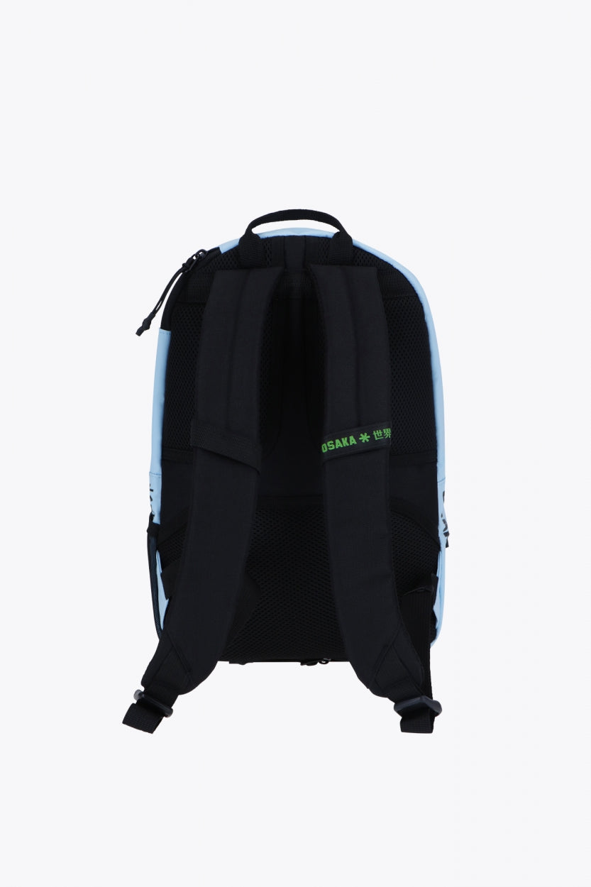 Osaka pro tour compact backpack in light blue with logo in black. Back view