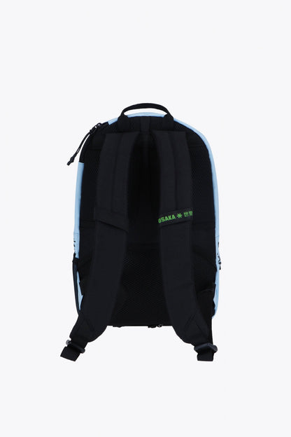 Osaka pro tour compact backpack in light blue with logo in black. Back view