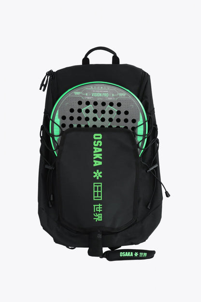 Osaka vision padel backpack in black with logo in green. Front view with padel racket in holder