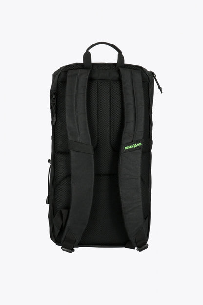 Osaka vision padel backpack in black with logo in green. Back view