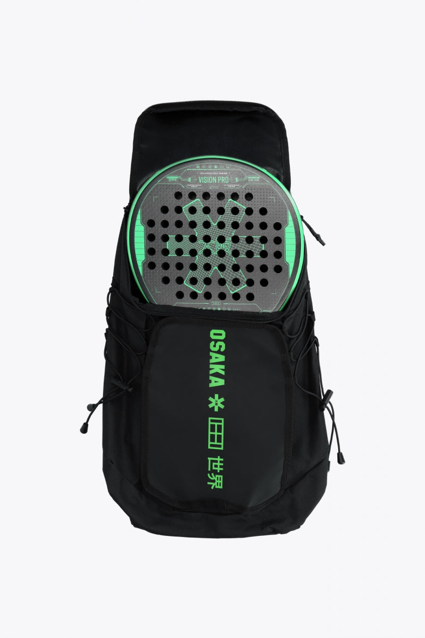 Osaka vision padel backpack in black with logo in green. Front view with padel racket in bag