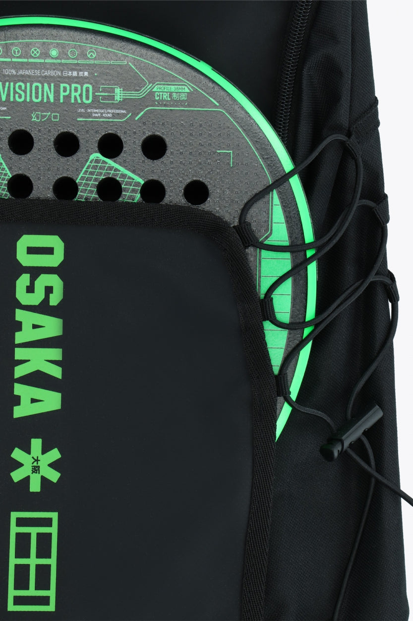 Osaka vision padel backpack in black with logo in green. Detail racket view