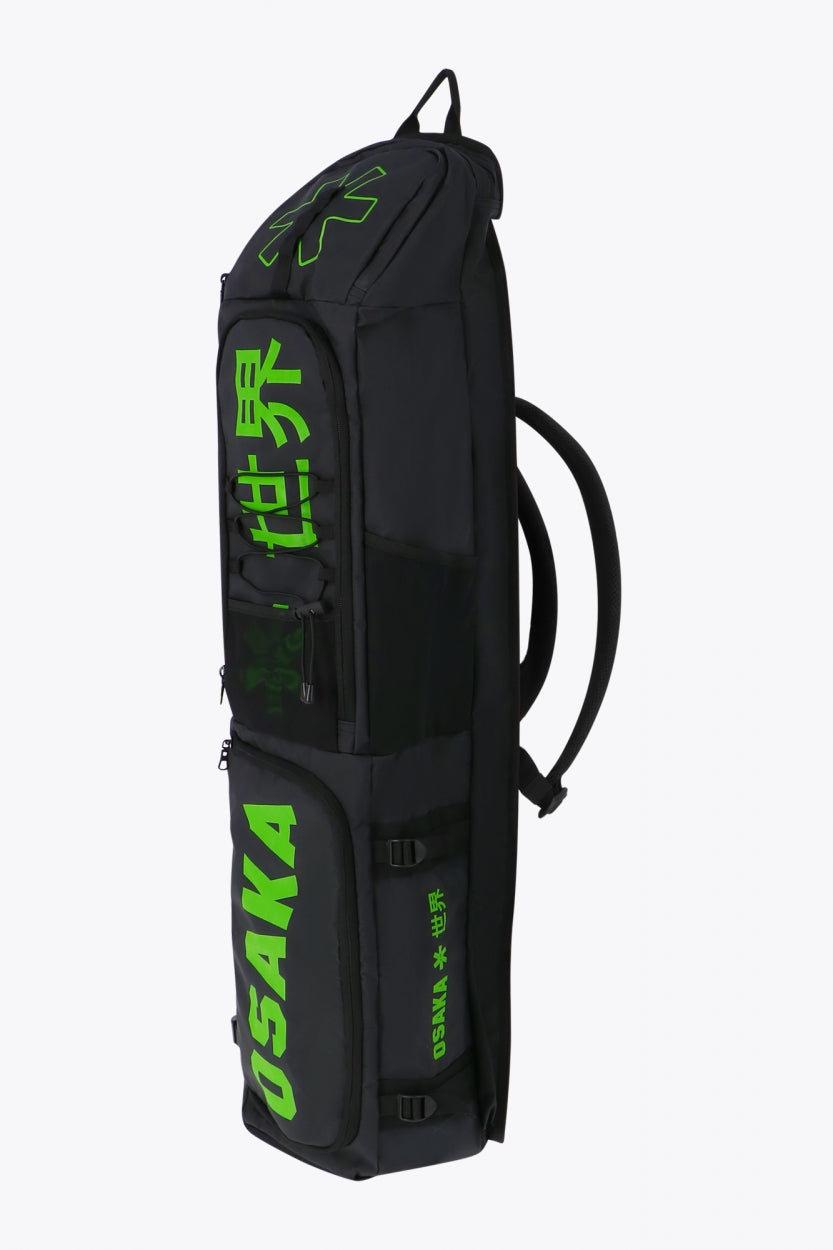 Pro Tour stickbag large in black with logo in green. Side view