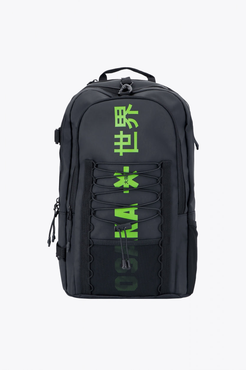Osaka Pro Tour backpack in black with logo in green. Front view