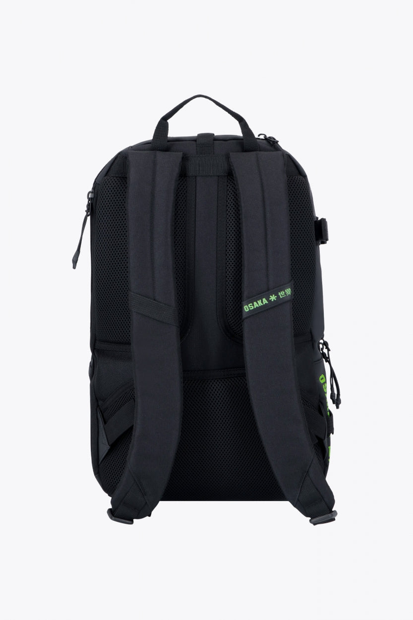 Osaka Pro Tour backpack in black with logo in green. Back view