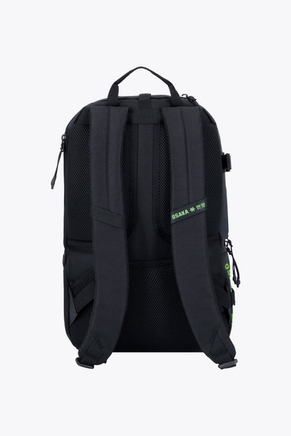 Osaka Pro Tour backpack in black with logo in green. Back view
