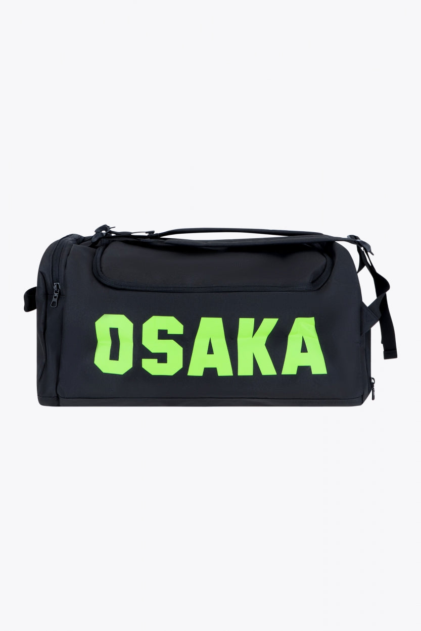 Osaka sports duffel bag in black with logo in green. Front view