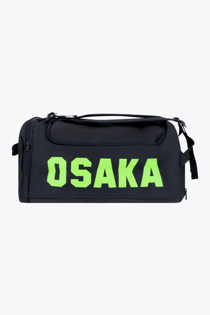 Osaka sports duffel bag in black with logo in green. Front view