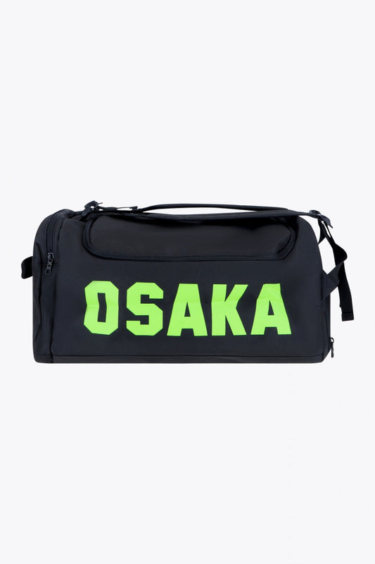 Osaka sports duffel bag in black with logo in green. Front view