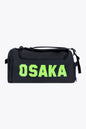 Osaka sports duffel bag in black with logo in green. Front view