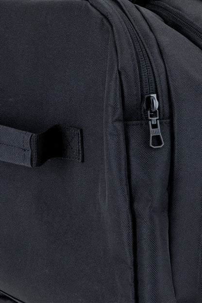 Osaka sports duffel bag in black with logo in green. Detail zip view