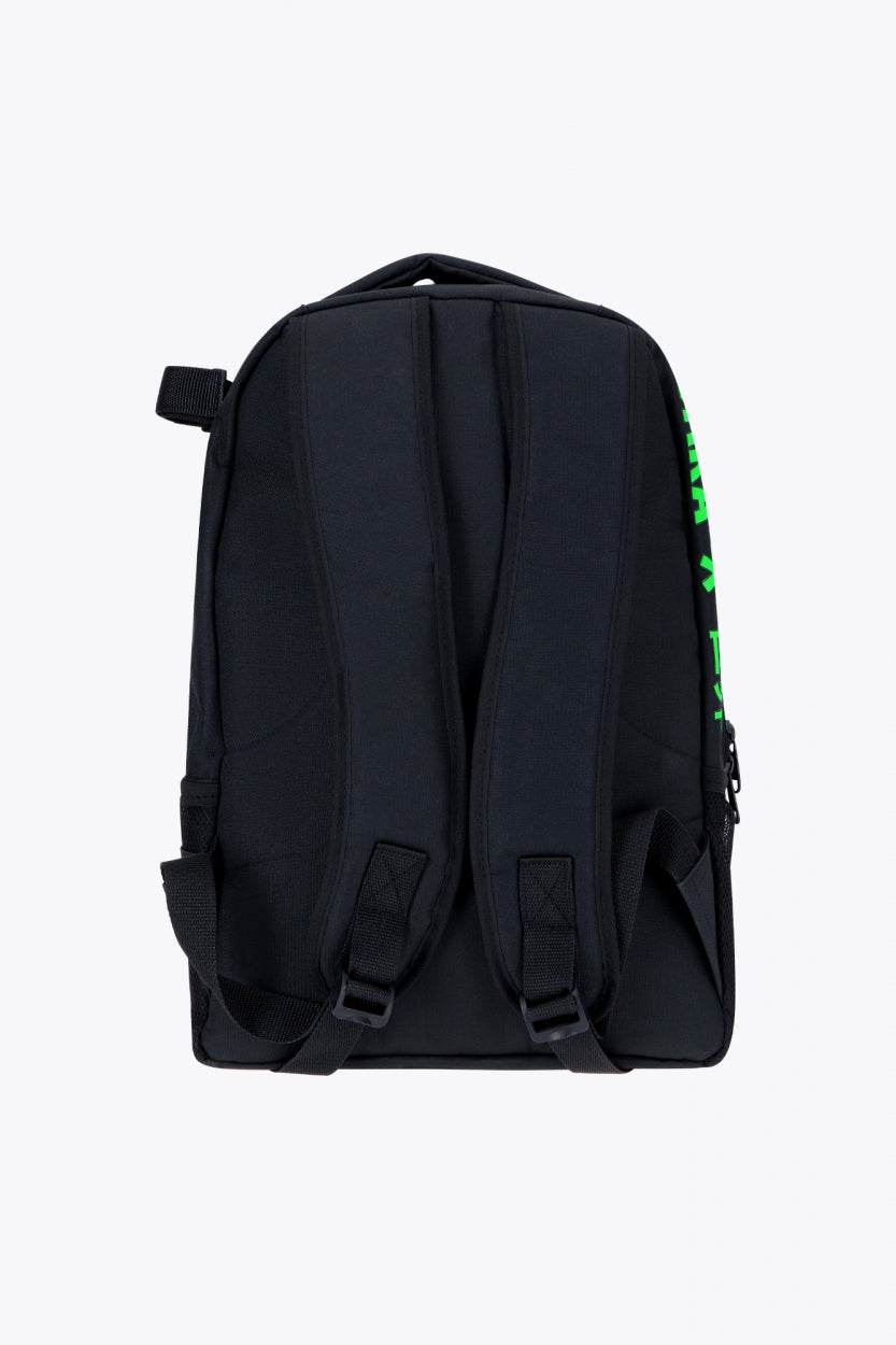 Osaka sports backpack in black with logo in green. Back view