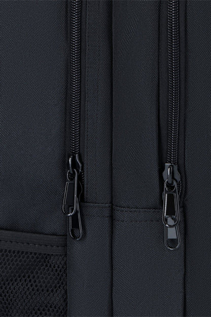 Osaka sports backpack in black with logo in green. Detail zip view