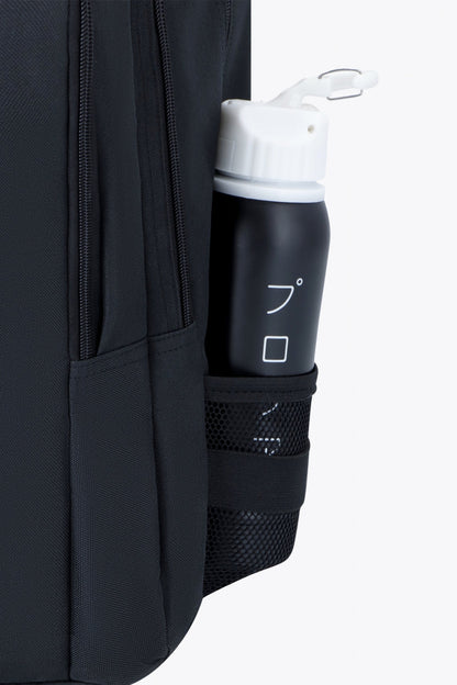 Osaka sports backpack in black with logo in green. Detail water bottle holder view