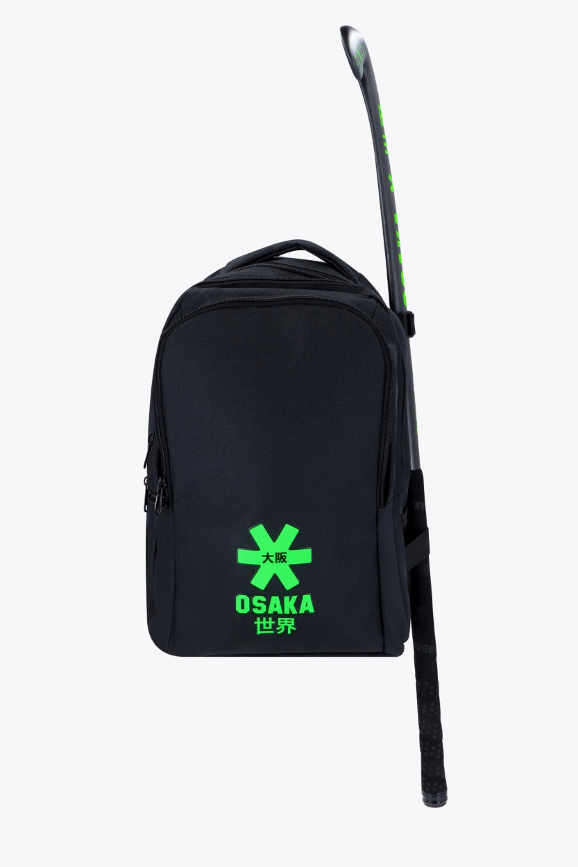 Osaka sports backpack in black with logo in green. Front view