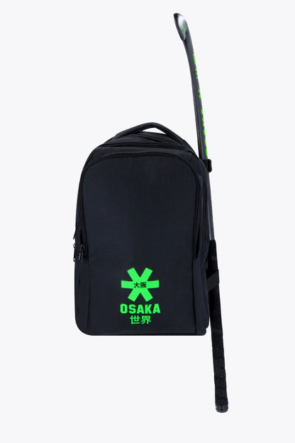 Osaka sports backpack in black with logo in green. Front view