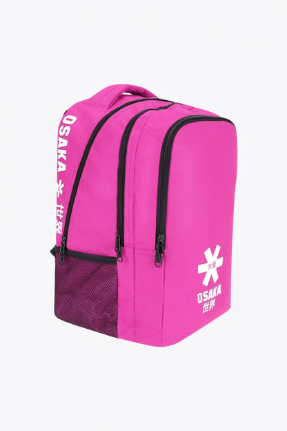 Osaka sports backpack in pink with logo in white. Side view