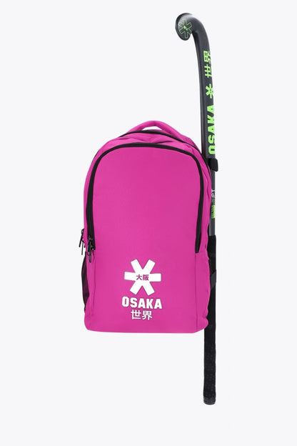 Osaka sports backpack in pink with logo in white. Front view